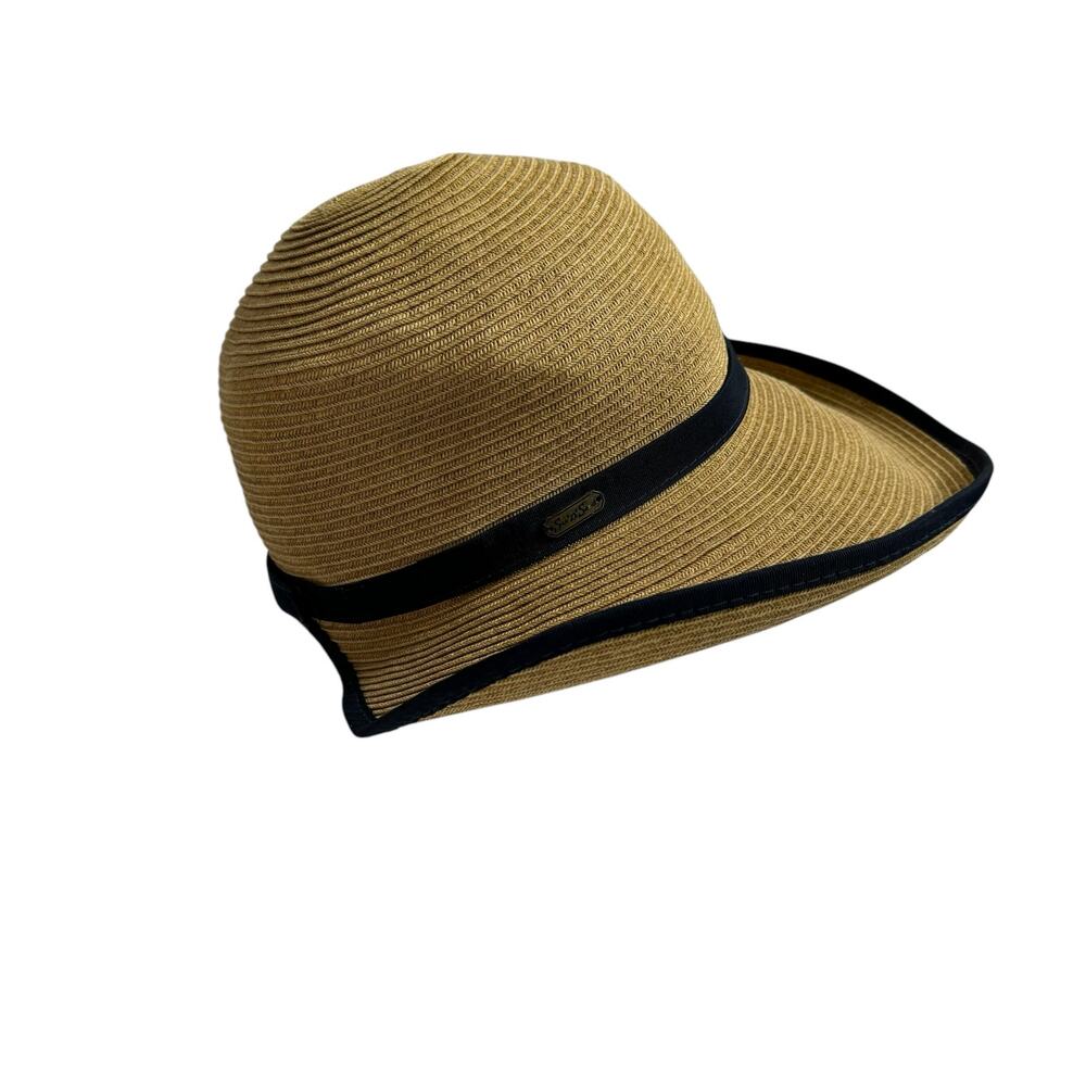 SUN N SAND Backless Paper Straw Ribbon Hat One Size Womens Tan Blue Ponytail - Picture 2 of 9
